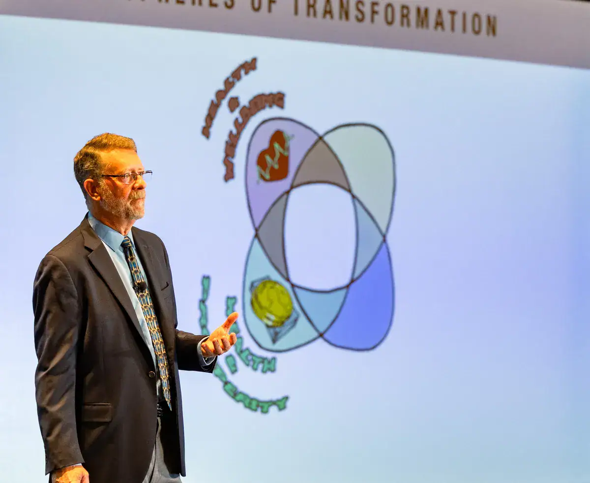 B. Joseph Pine II presenting the four spheres of transformation on stage