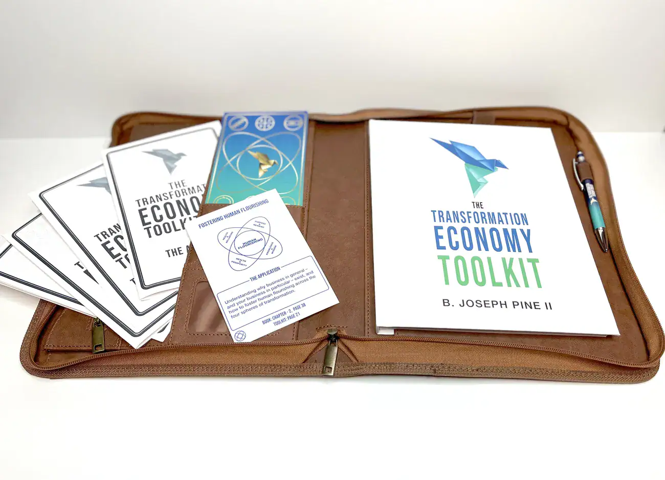 The Transformation Economy Toolkit, worksheets, and application cards in a leather portfolio